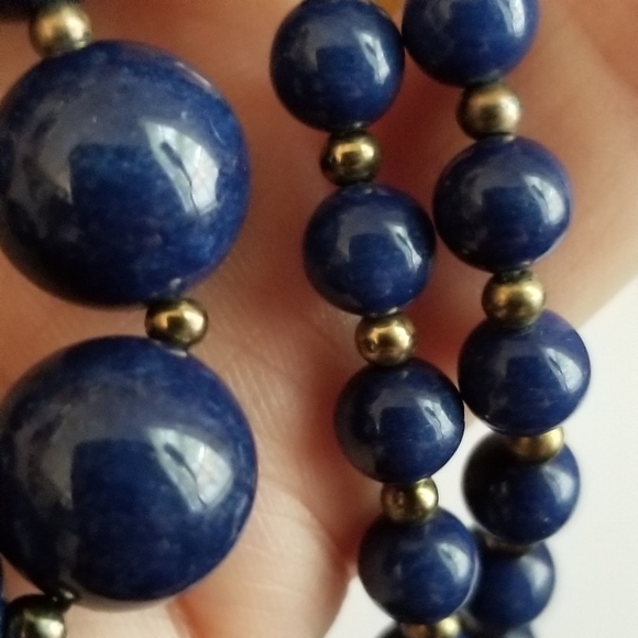 Vintage blue stone bead necklace gold tone Lapis Lazuli? Elegant boho - Picture 11 of 16